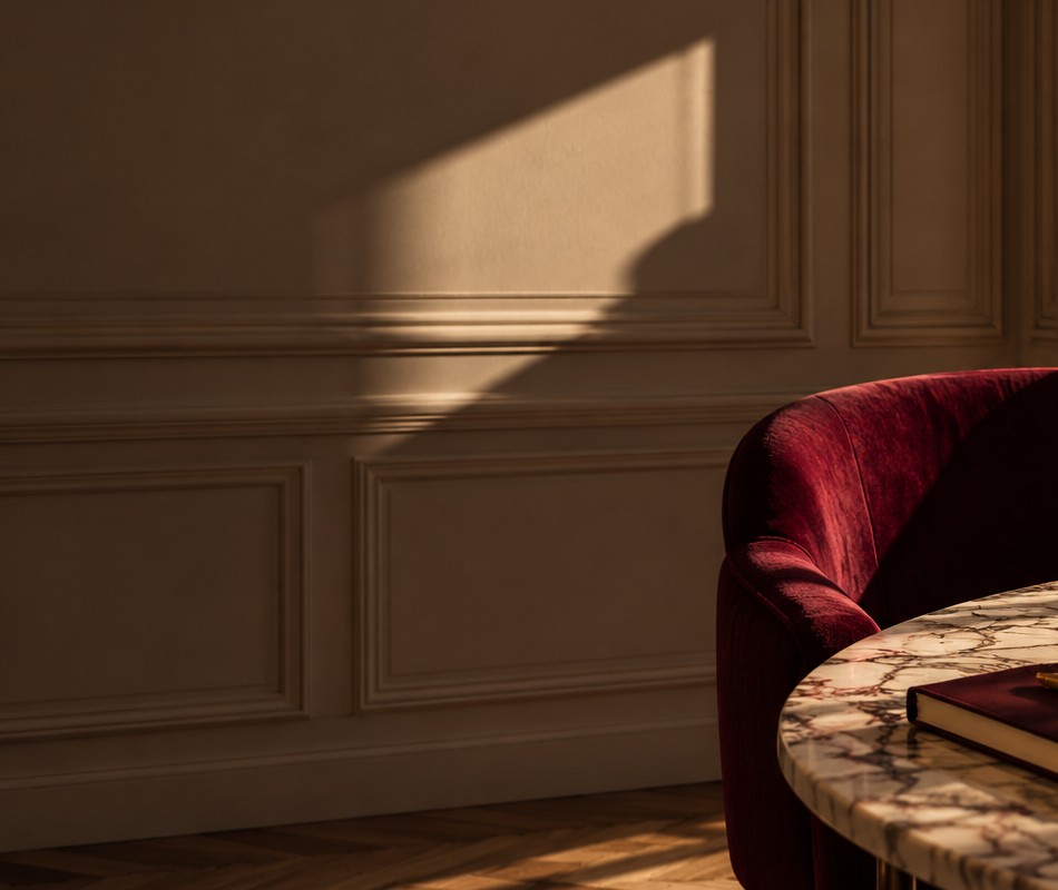 Morning light through a tall window beside a café table