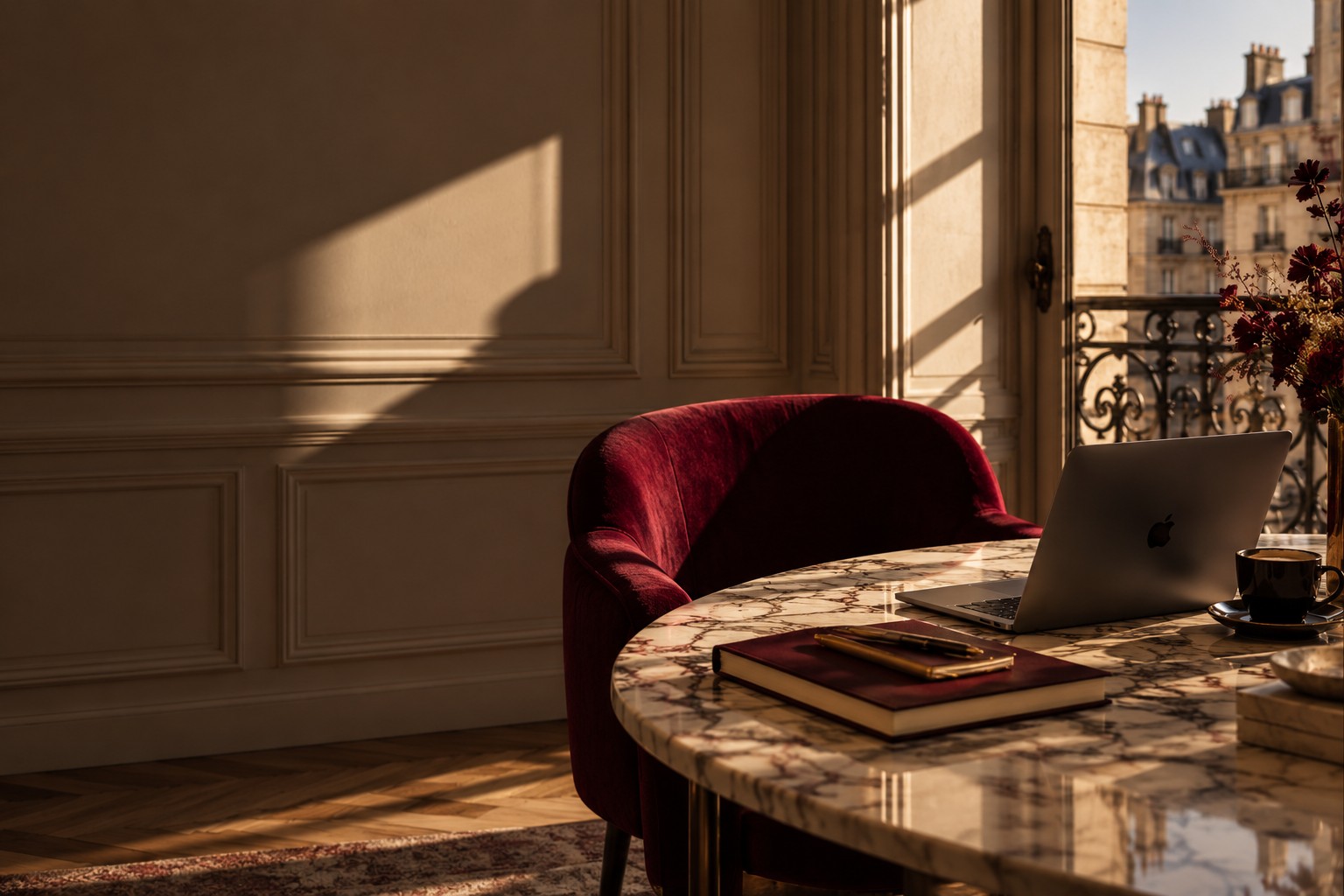A laptop and notebook on a marble café table beside a burgundy velvet chair