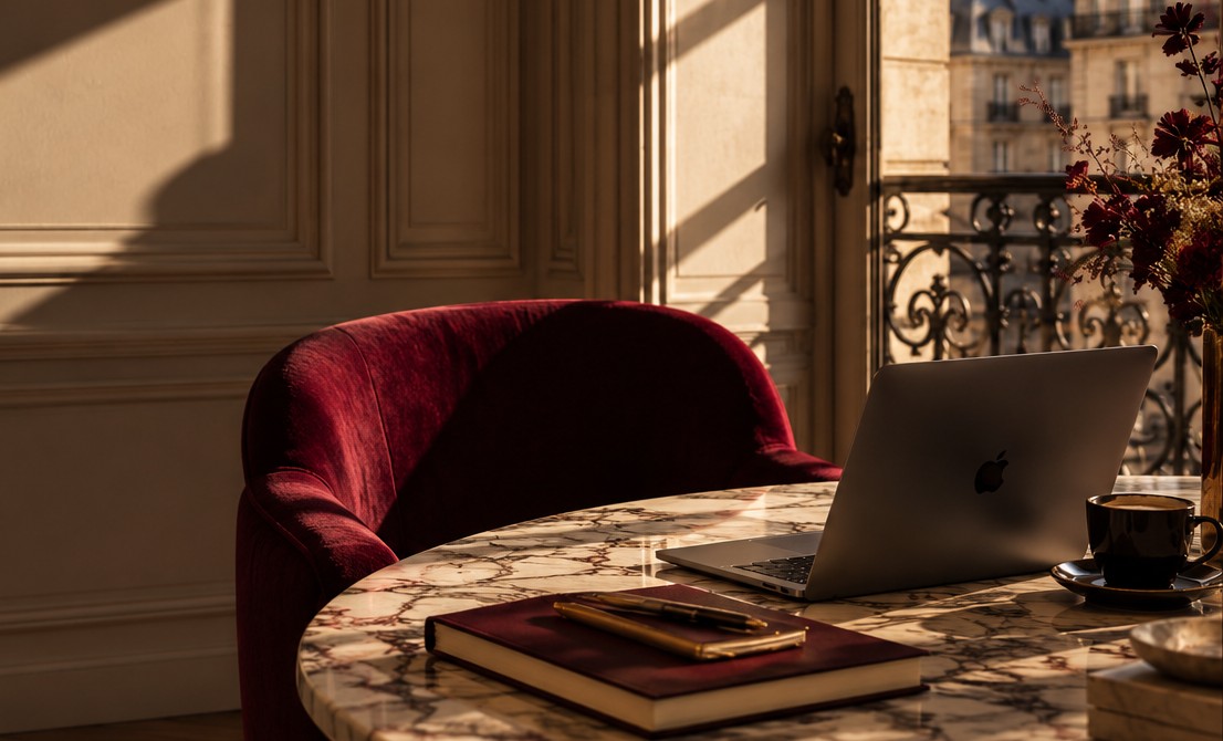 Warm editorial workspace with a burgundy chair, marble table and laptop